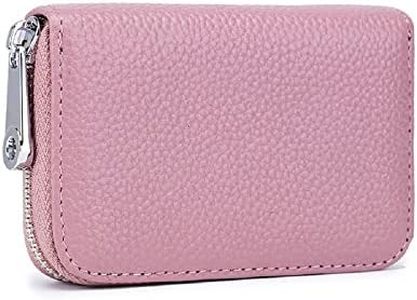 JIUFENG Card Wallet RFID Blocking Genuine Leather Multipurpose Zipper Card Holder Coins Pouches Unisex (Pink)