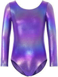 Nokecina Gymnastics Leotard for Girls Long Sleeve Tumbling Outfit Sparkly Athletic Dance Bodysuit Size 2-12 Years Old, Purple, 8-9 Years