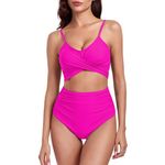 Durio Two-Piece Bikini Set Bathing Suits for Women High Waisted Swimsuits With Push Up Bikini Top & Bottoms Tummy Control Vintage Swimwear Hot Pink X-Large