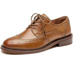 BEAU TODAY Oxford Shoes for Women,Leather Brogue Dress Shoes,Comfort Brethable Ladies Lace-up Handmade Wingtip Shoes for Business Work, Brown-new, 8