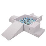 KiddyMoon Foam Playground For Kids With Square Ballpit (200 Balls ∅ 7Cm/2.75In) Soft Obstacles Course And Ball Pool Made In EU, Lightgrey:Pearl/Grey/Transparent/Babyblue/Mint