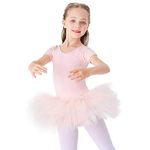 Beioner Girls' Ballet Tutu Dress Cotton Dance Leotard with Skirt Short Sleeve Ballerina Outfit Pink 120