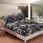 Loussiesd Metal Components Bed Sheet Set Motocross Part Bedding Set for Kids Boys Men Adults Black White Design Fitted Sheet Stain Resistant Heavy Metal Style Room Decor King Size 3Pcs