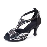 Pierides Women's Suede Sole Rhinestone Ballroom Dance Shoes Latin Salsa Performance Dance Shoes 2.5" Heel, 2.75"black, 8.5 US