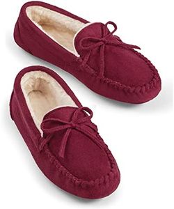 Collections Etc Cozy Faux Suede Plush Lined Moccasin Slippers for Indoor or Outdoor Use with Skid-Resistant Soles Burgundy