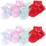 4 Pairs Baby Lace Socks Baby Girl Double/Eyelet Lace Ruffle Frilly Socks Ankle Socks Set Cotton White Princess Ankle Dress Socks for Newborn Infants and Toddlers(1-2 Years Old)