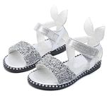 Bold N Elegant Girls Shiny Shimmer Fancy Party Double Strap Sandal with Bunny Ears Backstrap Non Slip Adjustable Baby Girl Birthday Footwear for Infant Toddler Young Girls (Silver, numeric_12)