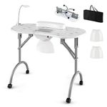 GOFLAME Manicure Nail Table, Foldable Nail Technician Desk w/Electric Downdraft Vent, Bendable LED Lamp, Removable Armrest Pad, Dust Bag, Manicure Table with Lockable Wheels for Home, Salon, White