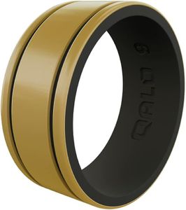 QALO Men's Rubber Silicone Ring, Metallic Striped Strata, Comfort Fit, Silicone Rubber Wedding Band, Breathable, Durable Wedding Ring for Men, 9mm Wide 1.85mm Thick, Gold & Black, Size 11