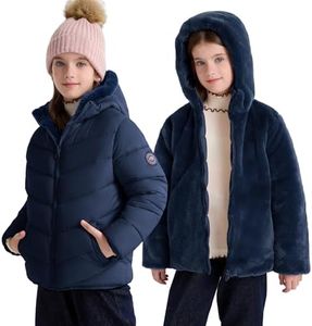 maoo garden Girls Winter Reversible Puffer Jacket Kids Heavyweight Faux-Down Fuzzy Fleece Lined Water-Resistant Coat Navy 8Y