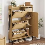 GarveeHome Shoe Cabinet Rattan with 3 Flip Drawers and 4-Tier Shoe Storage Cabinet, Freestanding Shoe Organizer with Adjustable Shelves for Entryway, Closet, Hallway (New-Oak)