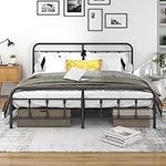 DUMEE King Bed Frame with Headboard and Storage Under Bed, Metal Bed Frame King Size No Box Spring Needed, Enhanced Slats and Legs, Stable Noise Free, Black