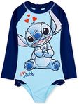 Disney Girls One Piece Swimsuit, Long Sleeve Swimming Costume - Girls Gifts (Light Blue Stitch, 11-12 Years)