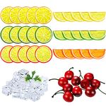 90 Pieces Fake Fruits Ice Cube Set, Including 30 Simulation Lemon Slice Lemon Lime Slice 50 Clear Acrylic Ice Cube 10 Artificial Cherry Fruit Model for Home Decor Wedding Vase Filler Photo Prop