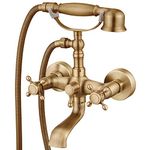 ORLEIMI Wall Mount Antique Brass Bathtub Faucet with Hand Shower Sprayer Bathroom Tub Faucet Double Cross Handle Telephone Shaped Handheld Sprayer Shower Set Mixer Tap Vintage