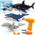 KAEGREEL Take Apart Ocean Shark Toys for Kids, 3 Packs Shark Dolphin Whale Ocean Animals Toys with Electric Drill Screwdrivers, STEM Learning Building Toys Gift for 3-7 Years Old Boys Girls