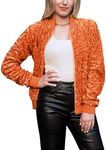 Anna-Kaci Women's Glitter Sequin Jacket Sparkly Long Sleeves Front Zipper Bomber Jacket with Ribbed Cuffs, Orange, Large