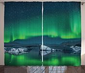 Ambesonne Alaska Curtains, Aurora Borealis Under The Starry Sky Hills of Arctic Northern Landscape, Living Room Bedroom Window Drapes 2 Panel Set, 108" X 84", Night Blue Lime Green