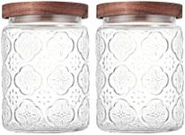 Custde Glass Storage Jars With Airtight Lid, 23.7oz Container For Kitchen Counter with Wooden Lid, brown sugar, candy, coffee, cookie, salt, tea, cute Jar (Begonia Flowers*2)