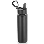 Volhoply 22 oz Insulated Water Bottles with Straw Lid, Stainless Steel Sports Bottle with Handle, Double Walled Metal Travel Water Thermos with Wide Mouth, Reusable Water Flask for School(Black,1 Set)