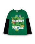 Teenage Mutant Ninja Turtles Boys T-Shirt | Green & Black TMNT Graphic Skater Tee for Kids | Action Ready Comfy Long Sleeve with Short Sleeve Overlay Style Top | Childrens TMNT Movie Merchandise Gift