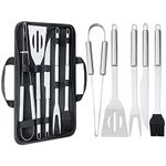 Liujiami 5Pcs Professional BBQ Tools Set with Storage Bag - Thickened Stainless Steel BBQ Accessories Set - Spatula, Fork, Basting Brush, Table knife, Tongs Best for Grilling