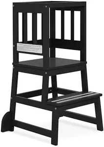 Dream On Me 2-in-1 Funtastic Tower and Step Stool, Easy to Assemble, Multi-Purpose Stool with Non-Toxic Paint Finish, Made of Solid Pinewood, Black