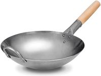 Craft Wok Traditional Hand Hammered Carbon Steel Pow Wok with Wooden and Steel Helper Handle (12 Inch, Round Bottom) / 731W88-12in