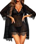 RSLOVE Sexy Lingerie for Women Lace Babydoll with Robe Nightdress Sleepwear Black Medium