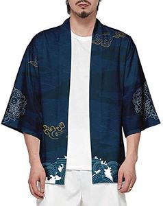 CIZEUR Hombre Hippie Camisa Kimono Japonés Estampado Holgado Manga 3/4,L Grulla Inmortal