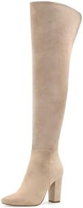 Shoe'N Tale Thigh High Over The Knee Boots for Women Block Chunky Heel Suede Long Pointed Toe Boots, Khaki, 8.5