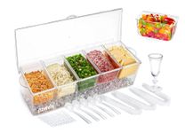 Ozwen Chilled Condiment Server Tray with 5 Compartment & Lid & Tongs & Spoons & Forks & Mini Cup, Garnish & Salad & Pizza Topping Station & Serving Container for Bars & Parties & Gatherings (4500ml)