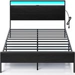 Rolanstar Bed Frame with USB Charging Station, Queen Bed Frame with LED Lights Headboard, Platform Bed with Strong Metal Slats, Under Bed Storage Clearance, No Box Spring Needed, Noise Free