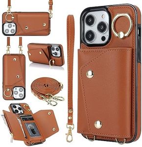 LUVI Compatible with iPhone 15 Pro Wallet Case with Card Holder Crossbody Neck Strap Lanyard Wrist Strap Purse for Women PU Leather Flip Case with Credit Card Kickstand Stand Case Brown