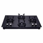 Elica 60cm 4 Burner Gas Hob | RG FLEXI 460 Lotus IND HD Brass | Built-in & Freestanding | Cast Iron Pan Support | Black Glass Finish | 10-Year Burner Warranty, 5-Year Glass & Valve Warranty