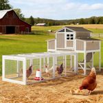 Large Chicken Coop and Run, Wooden Hen House with 4 Sectionable Nesting Boxes, Poultry Duck House for 4-10 Chickens with 5 Perches, Pull-Out Tray and Ramp, Grey