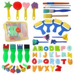 54pcs Kids Art & Craft Early Learning Painting Sponges Stamper Mini Paint Brushes Kit with 26 English Alphabets Drawing Tools (Brushes Only)