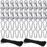 Shappy 42 Pcs Pulley Block System Set, 20 Pcs M20 Pulley Wheel Stainless Steel Rope Pulley with 2 Pcs 66ft Nylon Rope and 20 Pcs Hooks, Swivel Lifting Wire Rope Cable Pulley Roller for Lifting Hanging