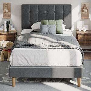 LIKIMIO Twin Bed Frames, Velvet Upholstered Twin Platform Bed Frame with Headboard and Strong Wooden Slats, No Box Spring Needed/Noise-Free/Easy Assembly, Grey