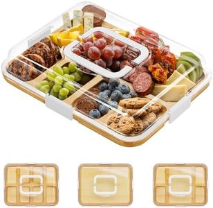 SpaceAid Charcuterie Board with Clear Lid, Portable Travel Cheese Cutting Boards for Picnic Accessories, Bamboo Serving Tray with Lids, House Warming Gifts, White Handles, 8 Compartments