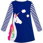Sunny Fashion Girls Dress Cotton Long Sleeve Unicorn Embroidery Navy Blue Striped 3 Years