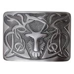 Kilt Emporium Scottish Kilt Belt Buckle - Pewter, Stag-engraved-silver Antique, 3.75" x 2.75"