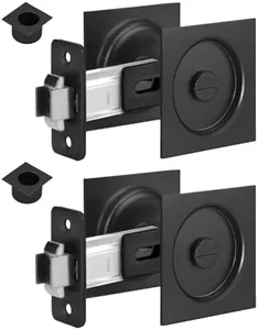 goldenwarm Black Pocket Door Lock with Finger Pull, 2 3/8 Inch Non-Adjustable Latch Square Pocket Door Hardware, Matte Black Sliding Pocket Door Privacy Lock - 2 Pack