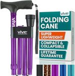 Vive Folding Cane - Foldable Walking Cane for Men, Women - Fold-up, Collapsible, Lightweight, Adjustable, Portable Hand Walking Stick - Balancing Mobility Aid - Sleek, Comfortable T Handles (Purple)