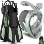 Odoland Snorkeling Package Set, Snorkeling Gear for Adults with Full Face Snorkel Mask, Adjustable Swim Fins, Mesh Bag, Anti-Fog Anti-Leak Scuba Gear for Men Women, Olive Green,L