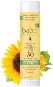 Babo Botanicals Sheer Zinc Mineral Sunscreen Sport Stick SPF30- Natural Zinc Oxide- Shea Butter- Fragrance-Free - Water Resistant - MADE SAFE Certified