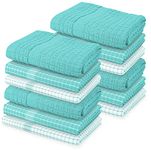 Weave Essentials 12pc Kitchen Towel - 4 Hand Towel 50x50cm & 8 Tea Towel 50x70cm, 100% Ring Spun Cotton Dish Cloth with Hanging Loop (Aqua Blue)