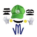 Super Bros Cap Hats Mustaches Elastic Suspenders Gloves Buttons Halloween Cosplay Costume Accessory Sets (green)