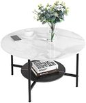 Round Coffee Table 80cm Large Marble Table Sleek Centre Accent Table Genuine Sintered Stone Table White and Black Marble Top with Matt Black Frame Designed 2-Tier Coffee Table for Living Room