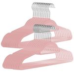 Velvet Coat Hangers - Pack of 50 | with Tie Hanger | NonSlip Design | Jackets & Trousers | Flocked Slimline | Space Saving Clothes Organisers | M&W (Pink)